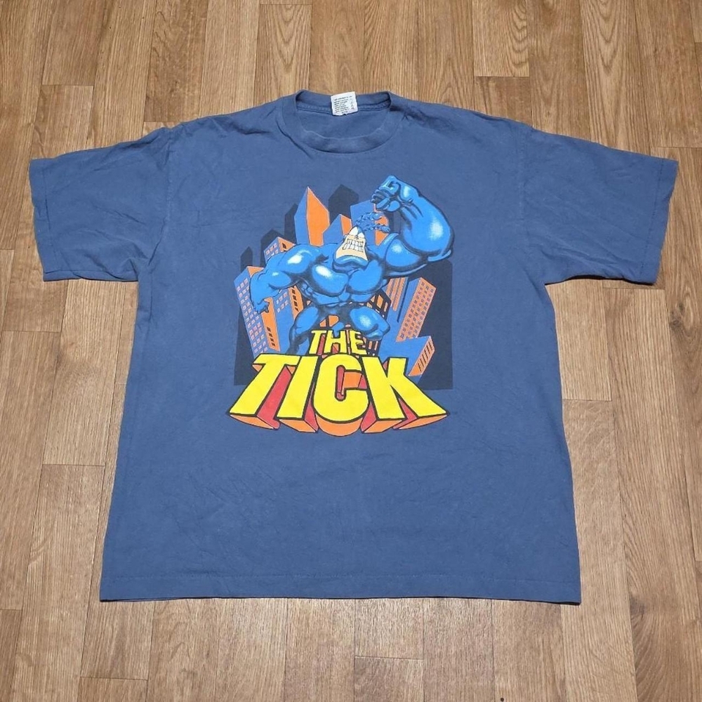 Vintage 90s The Tick I Am Mighty Comic Cartoon 2 Sided T-Shirt L Single Stitch
